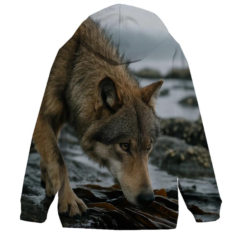 Coastal Wolf Hunting In Kelp Shadows premium hoodies