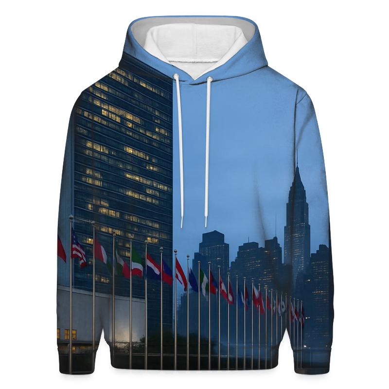 United Nations Dawn Along First Avenue printed hoodies