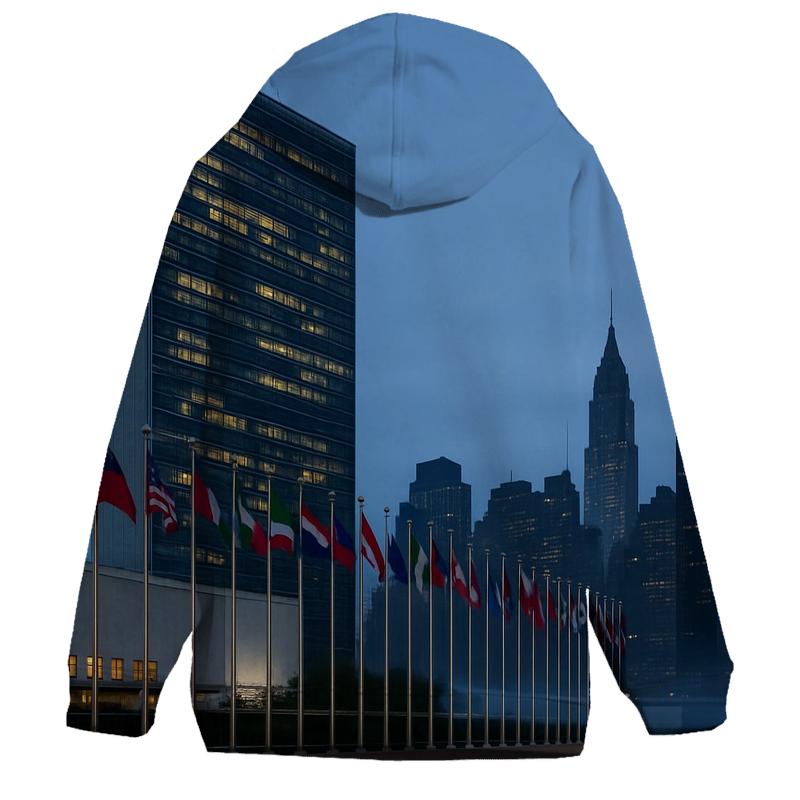 United Nations Dawn Along First Avenue printed hoodies