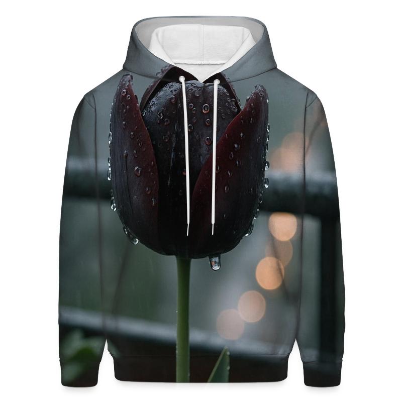 Black Tulip In Rain On A City Balcony premium hoodies