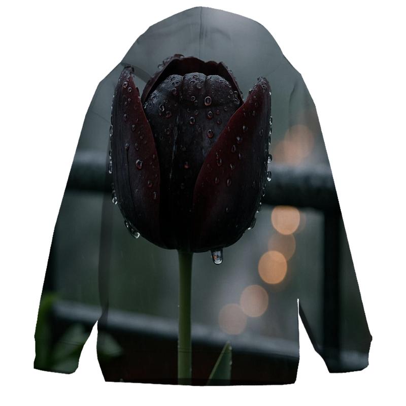 Black Tulip In Rain On A City Balcony premium hoodies