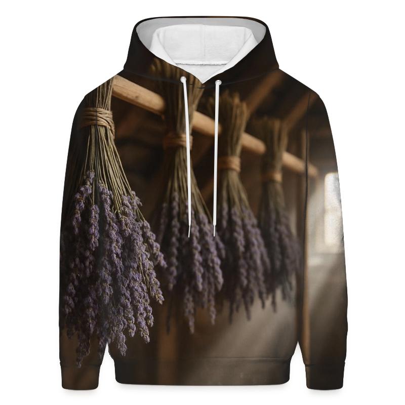 Lavender Bundles Curing On A Rustic Attic Rack graphic hoodies
