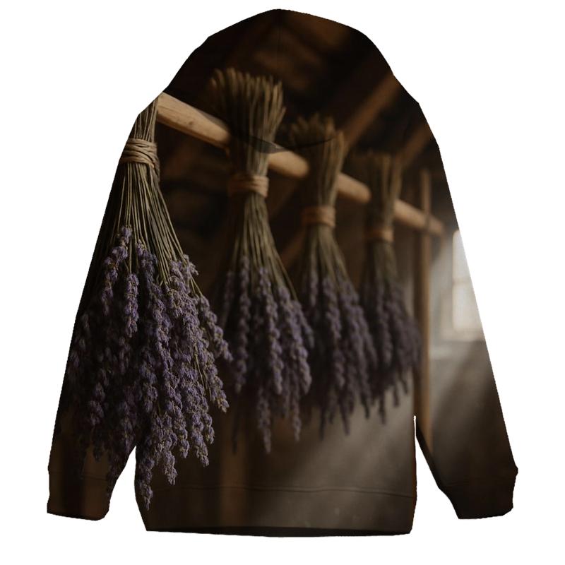 Lavender Bundles Curing On A Rustic Attic Rack graphic hoodies