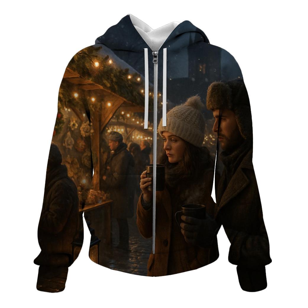 Snowy Market Street Under Lantern Glow lightweight hoodies