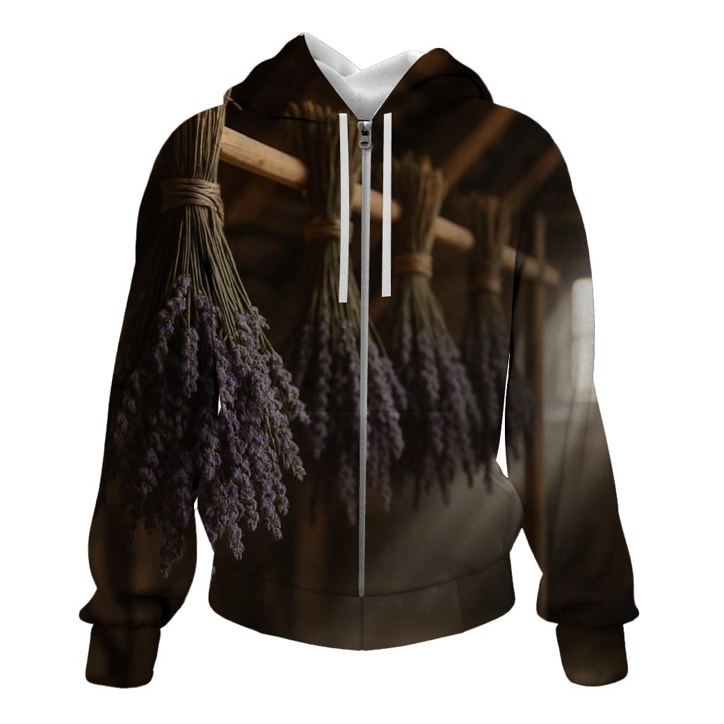 Lavender Bundles Curing On A Rustic Attic Rack premium hoodies