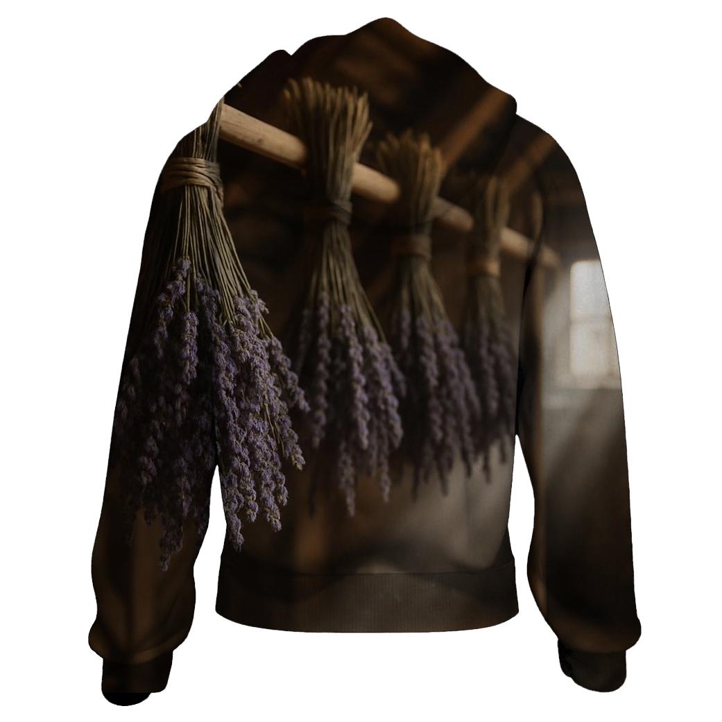 Lavender Bundles Curing On A Rustic Attic Rack premium hoodies