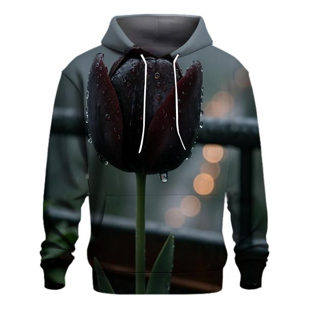 Black Tulip In Rain On A City Balcony hoodie styles