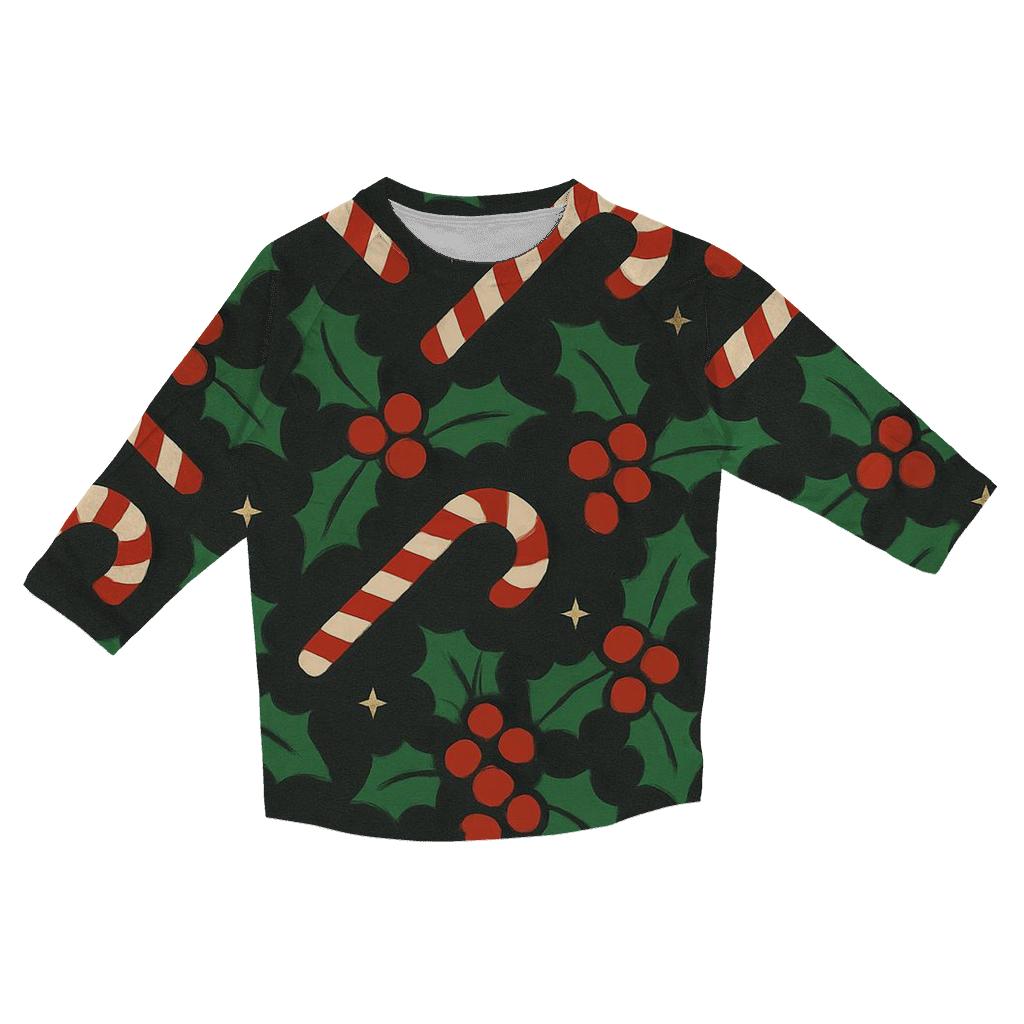 Emerald Holly And Candy Cane Diagonal Weave On Charcoal Background personalized 3/4 sleeve tees
