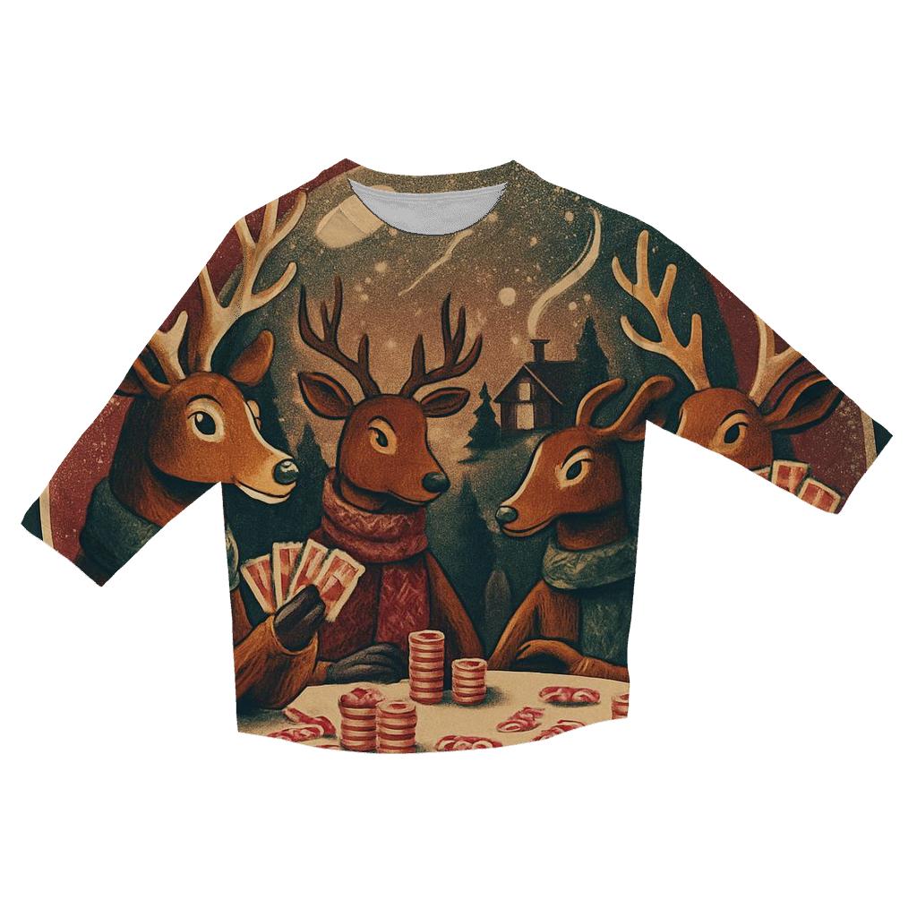 Reindeer Poker Night Under A Snow Globe Dome trendy 3/4 sleeve tops