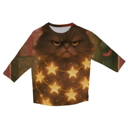 Grumpy Christmas Cat Tangled In Starry Light Garlands fashion 3/4 sleeve shirts