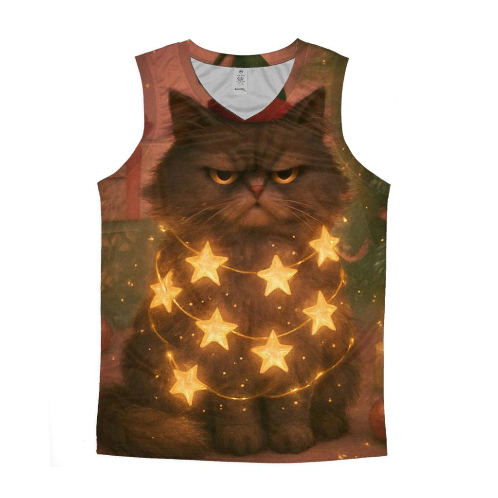 Grumpy Christmas Cat Tangled In Starry Light Garlands graphic print tank tops