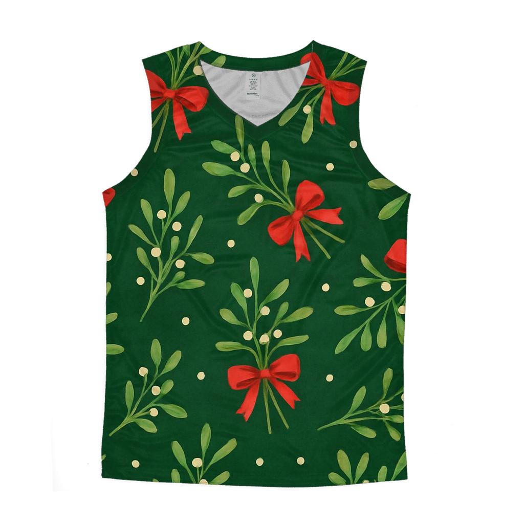 Mistletoe Ribbon Scatter On Forest Green Background graphic print tank tops