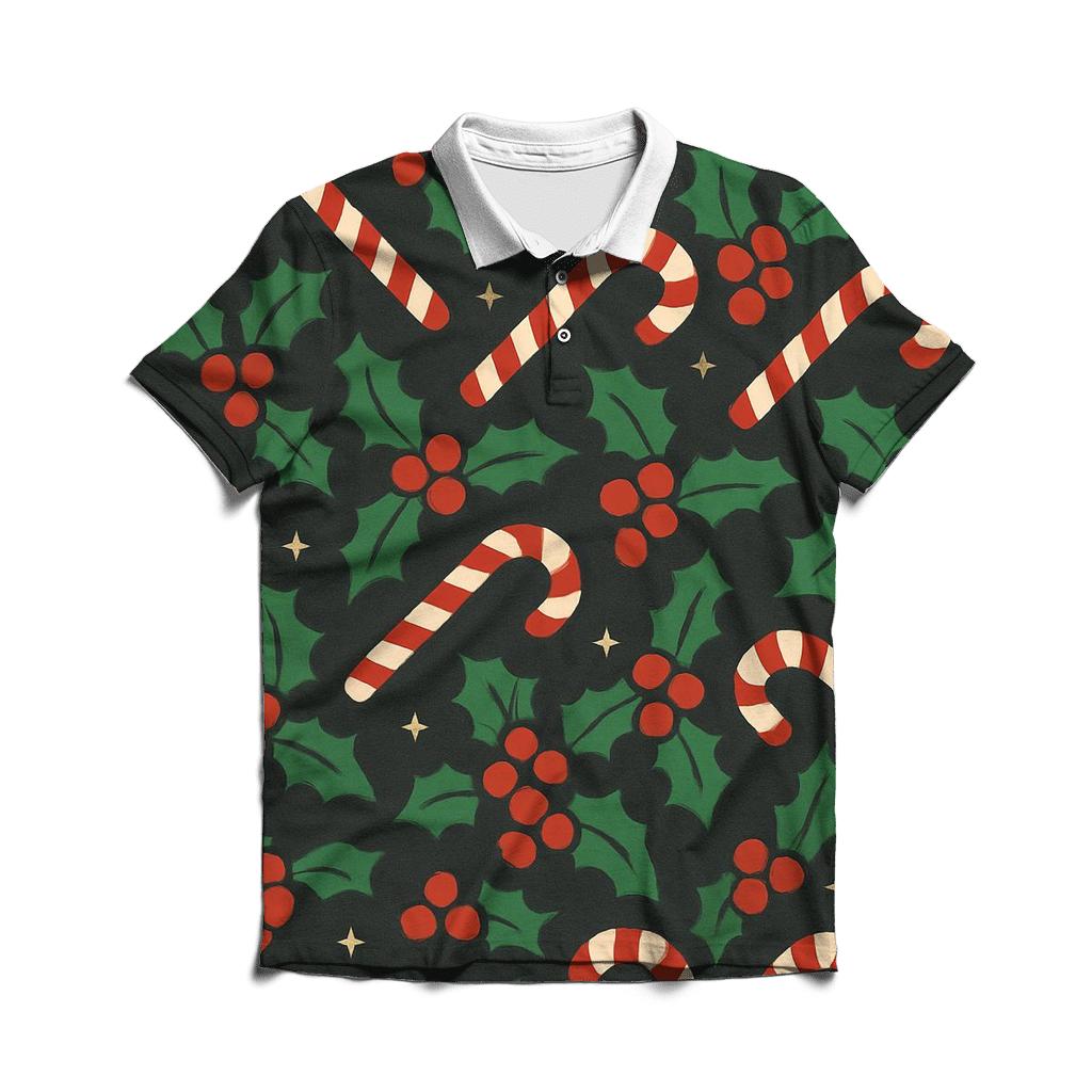 Emerald Holly And Candy Cane Diagonal Weave On Charcoal Background custom polo shirts