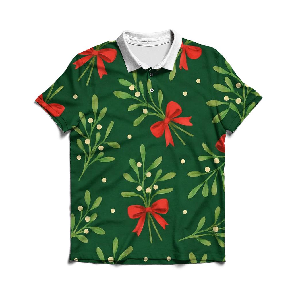 Mistletoe Ribbon Scatter On Forest Green Background designer slim fit polos
