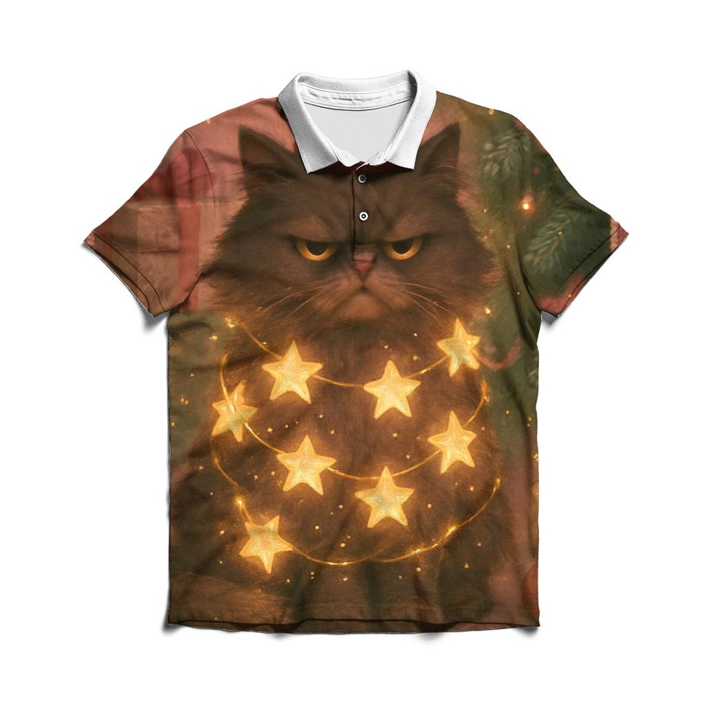 Grumpy Christmas Cat Tangled In Starry Light Garlands custom polo shirts