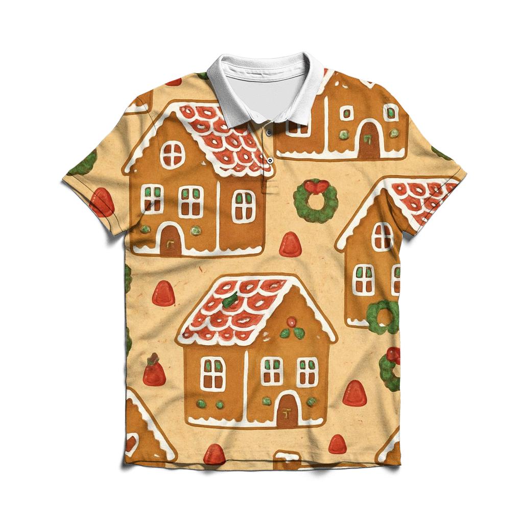 Gingerbread House Block Repeat On Warm Beige Background custom polo shirts
