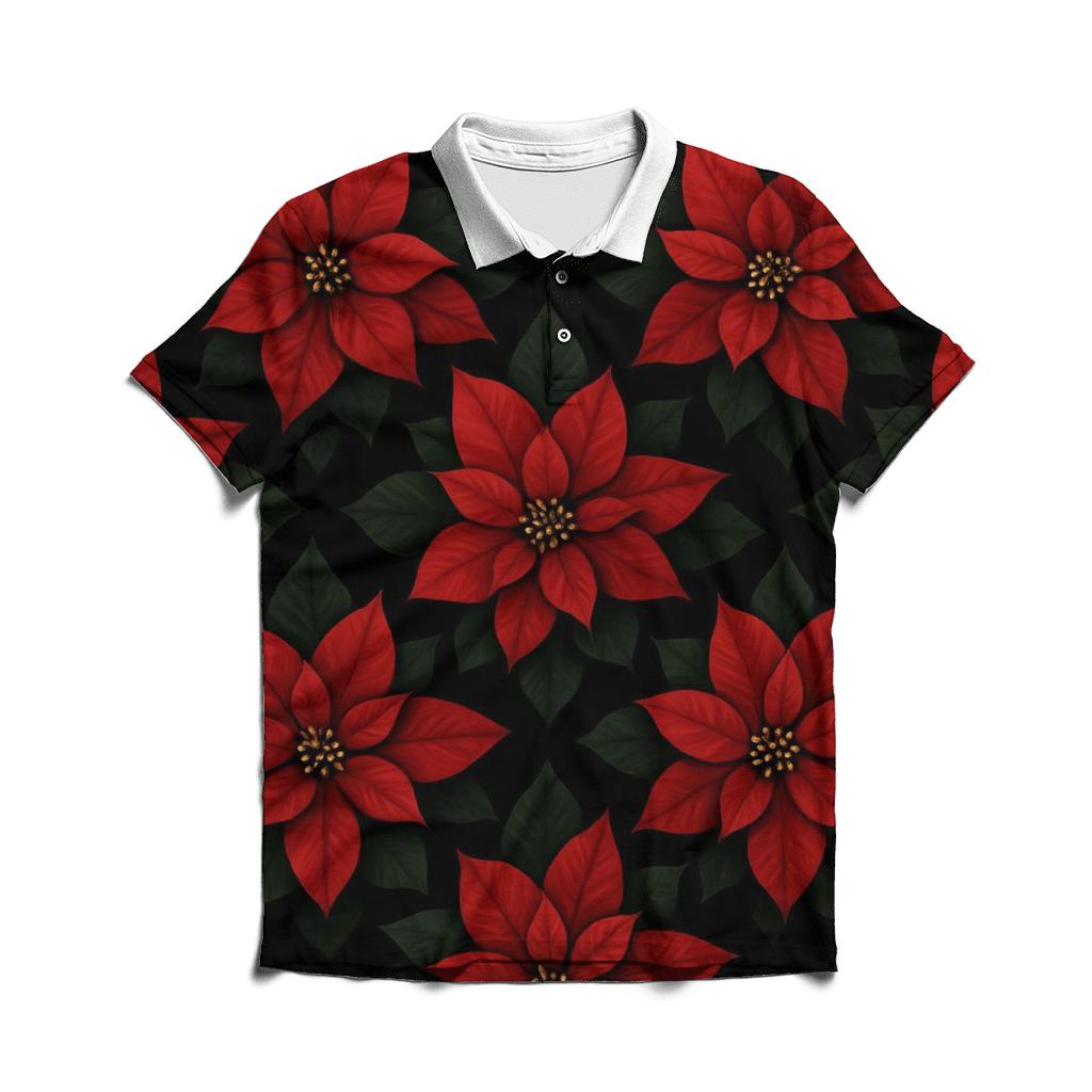 Poinsettia Rosette Radial Tiles On Black Background custom polo shirts
