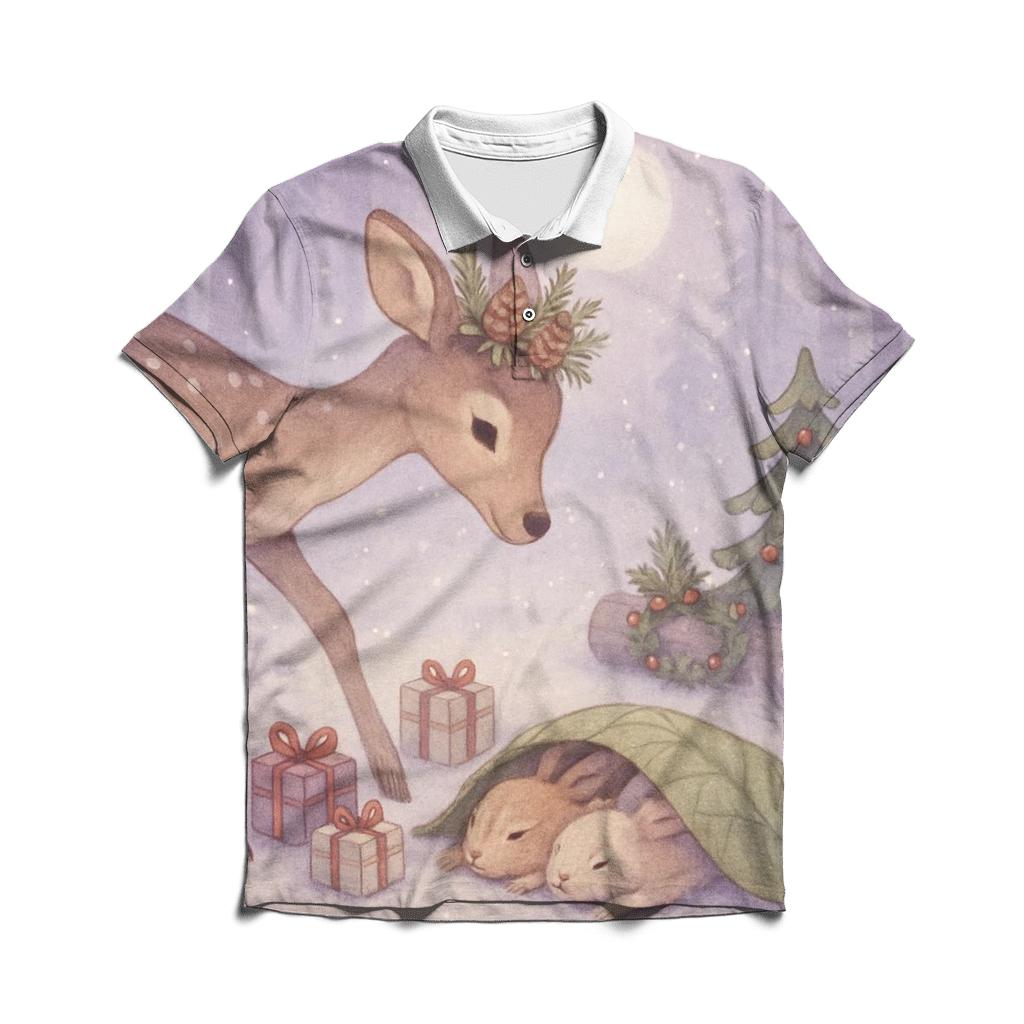 Woodland Deer Delivering Tiny Wrapped Gifts To Sleeping Rabbits stylish collar polo tees