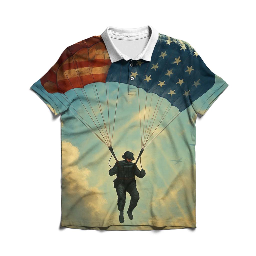 Paratrooper Descent Through Flag Clouds premium cotton polo shirts