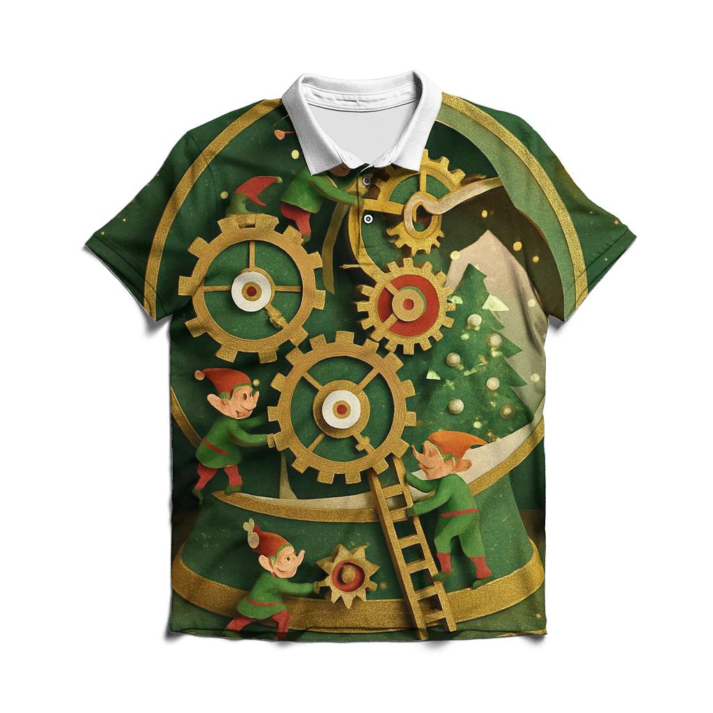 Giant Snow Globe Workshop With Miniature Elves Inside Ornament Gears stylish collar polo tees