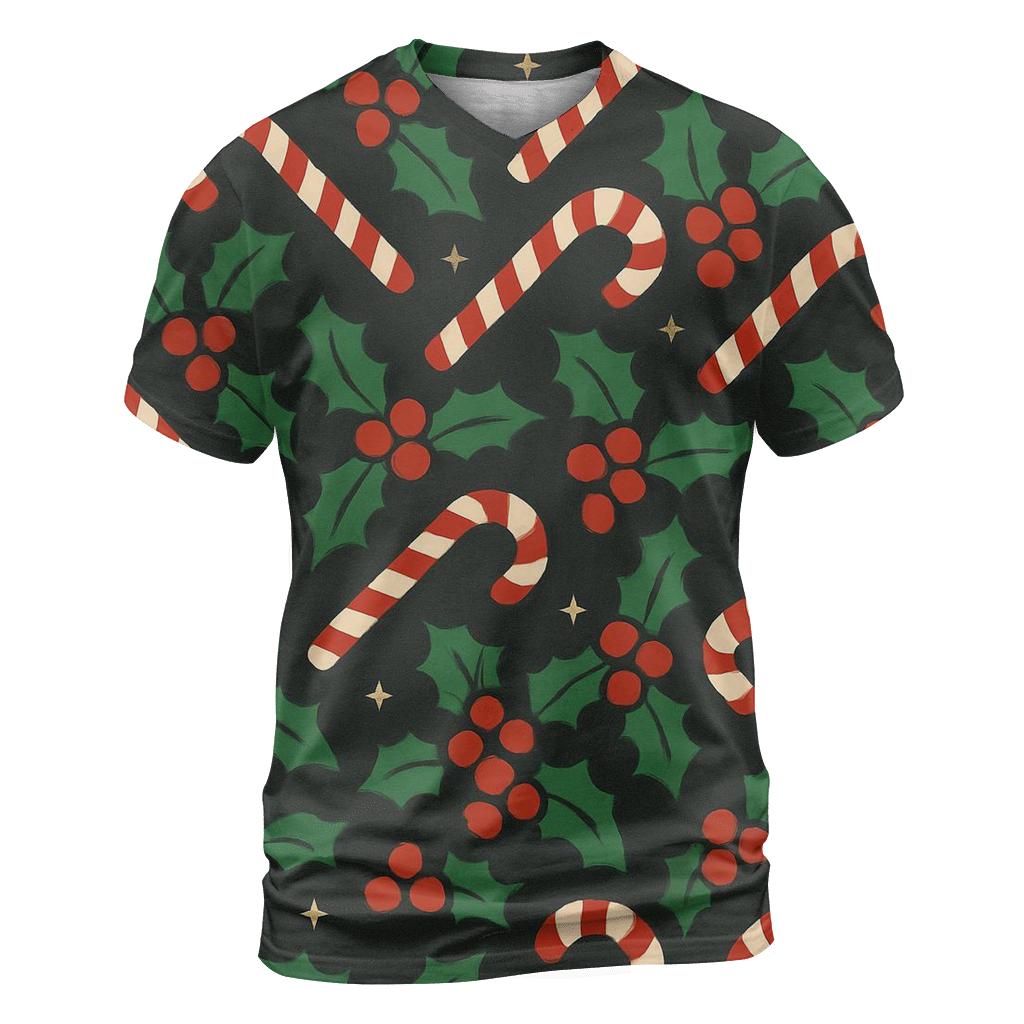 Emerald Holly And Candy Cane Diagonal Weave On Charcoal Background artistic all-over print tops