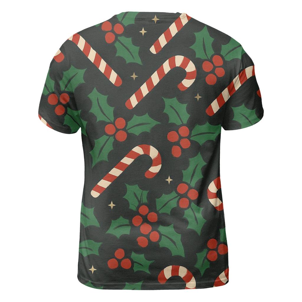 Emerald Holly And Candy Cane Diagonal Weave On Charcoal Background artistic all-over print tops