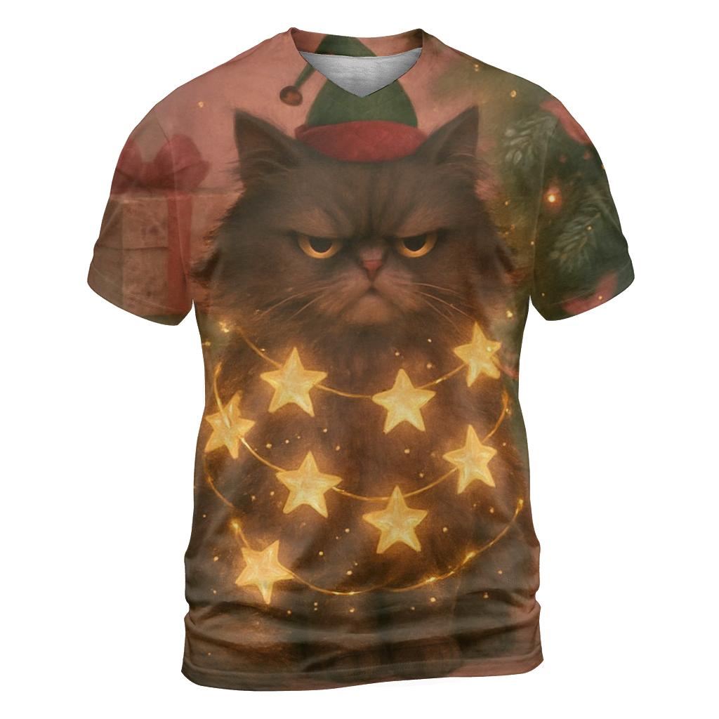 Grumpy Christmas Cat Tangled In Starry Light Garlands personalized full print shirts