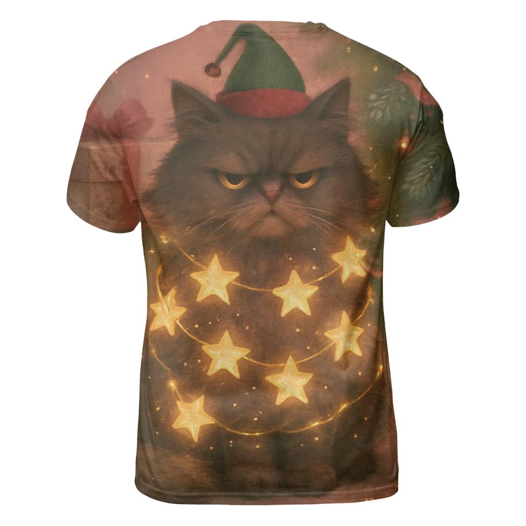 Grumpy Christmas Cat Tangled In Starry Light Garlands personalized full print shirts