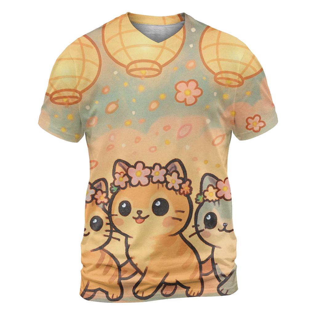 Festival Lantern Kitten Parade artistic all-over print tops