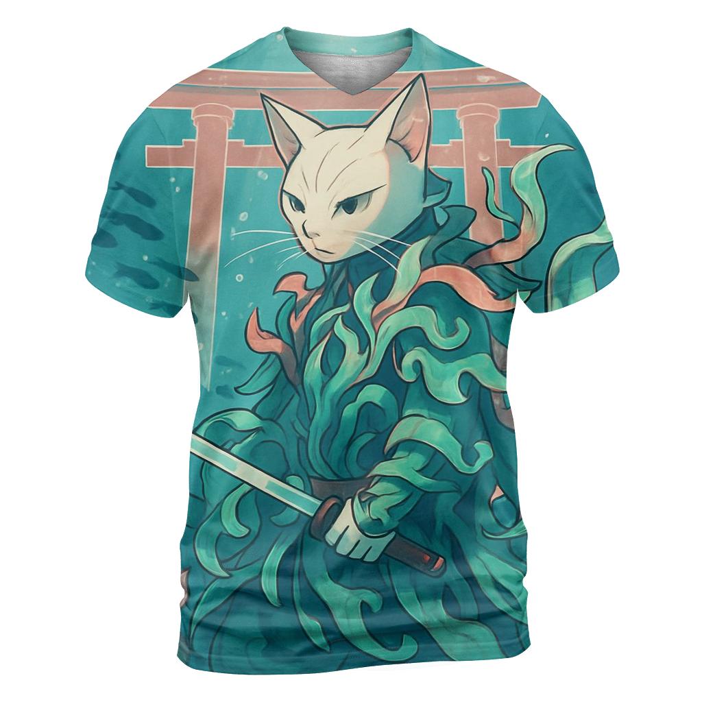 Coral Reef Samurai Cat unique graphic print tees