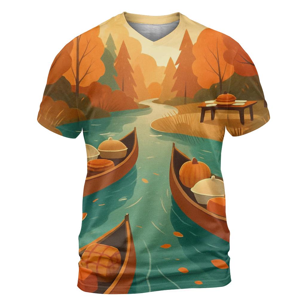 Autumn River Family Potluck Canoes vibrant all-over design tees