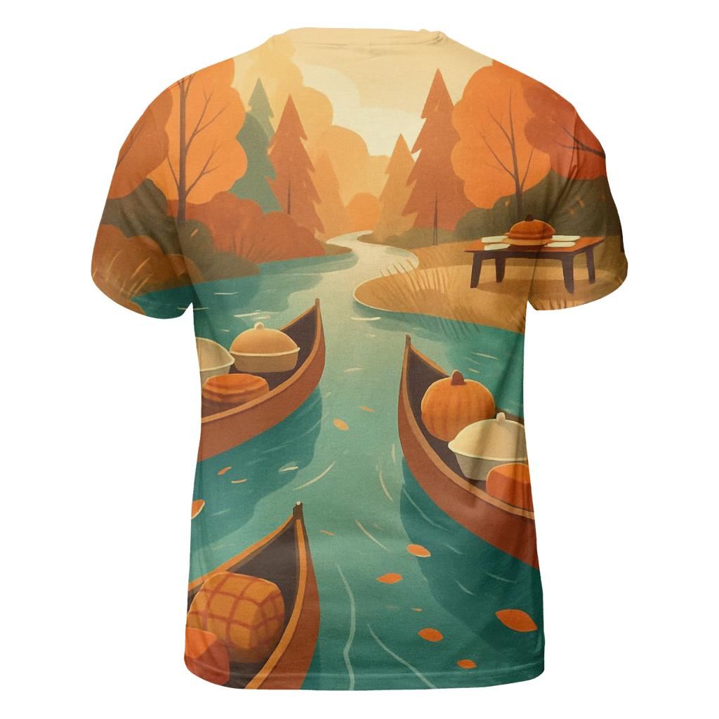 Autumn River Family Potluck Canoes vibrant all-over design tees