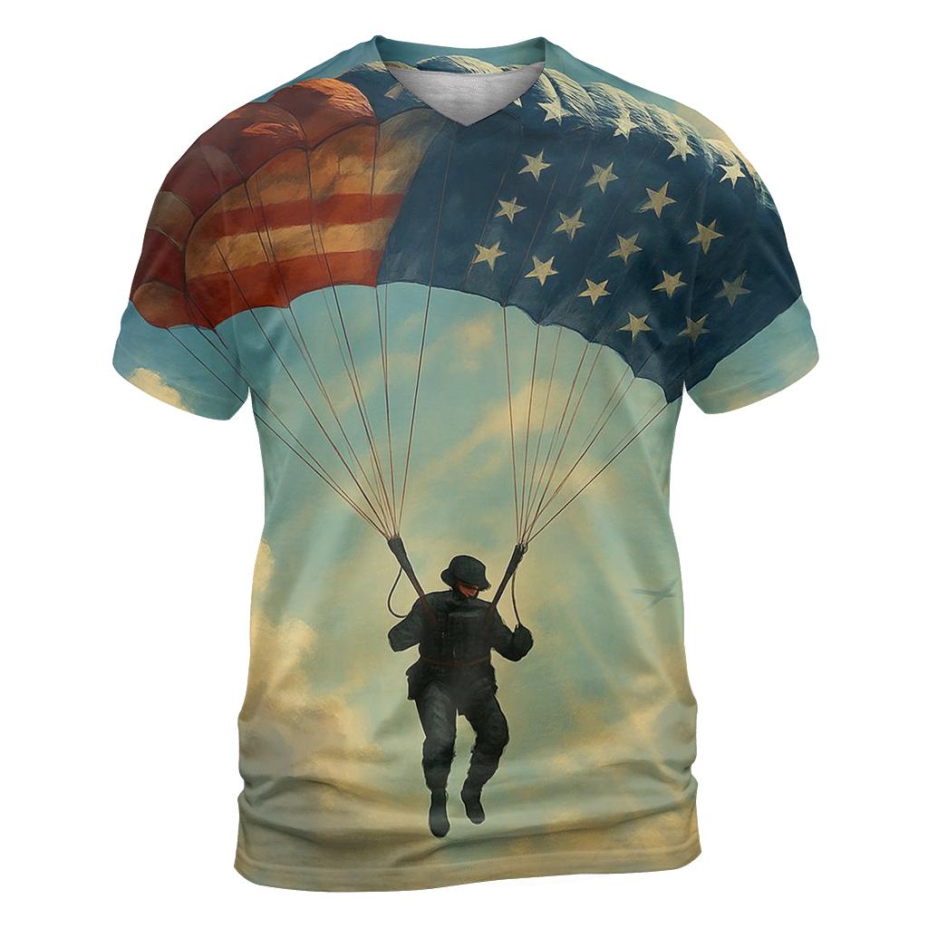 Paratrooper Descent Through Flag Clouds vibrant all-over design tees