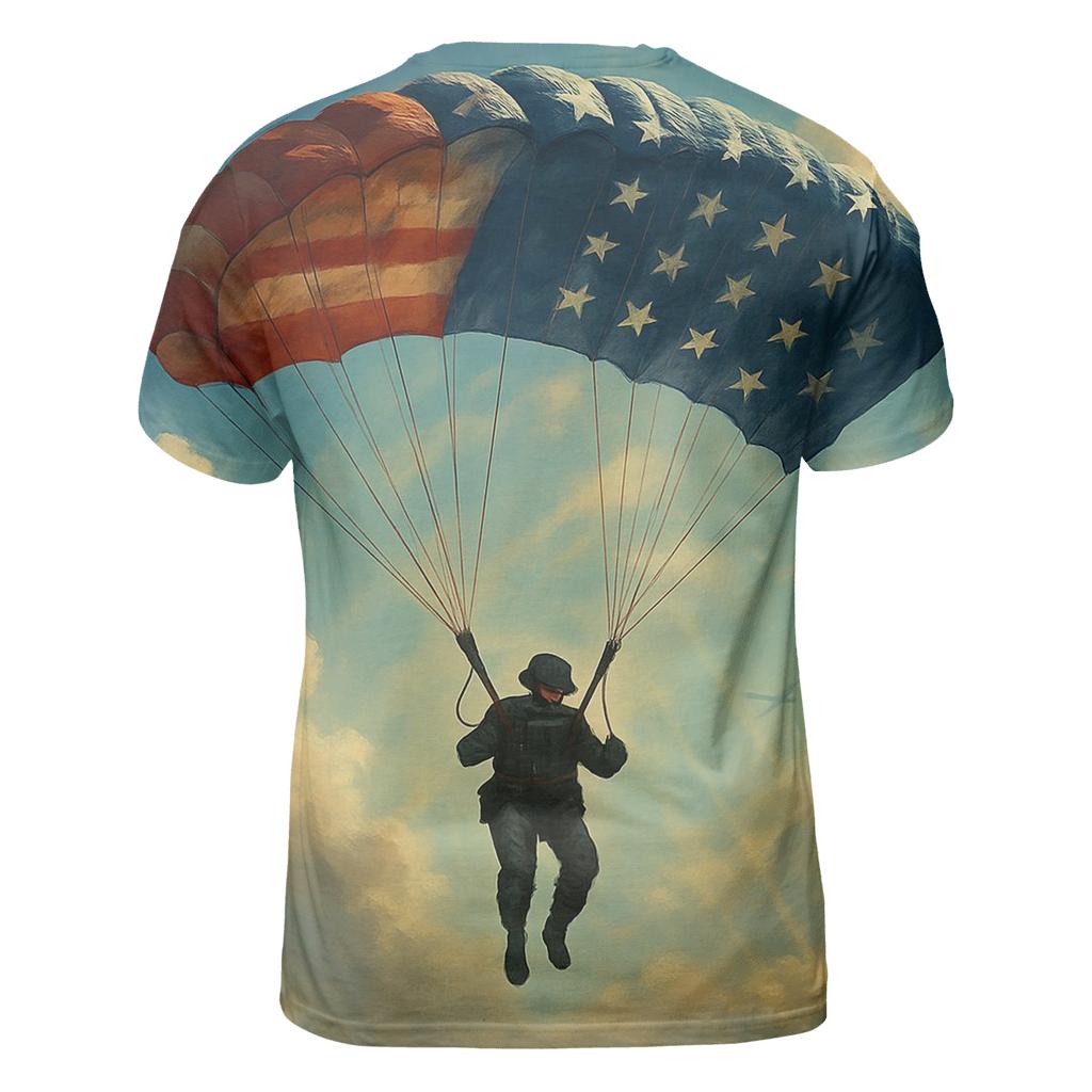 Paratrooper Descent Through Flag Clouds vibrant all-over design tees