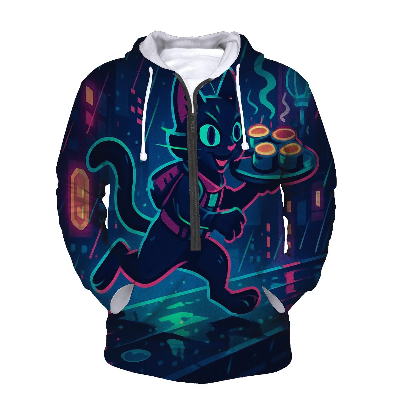 Neon Alley Sushi Courier Cat designer hoodies