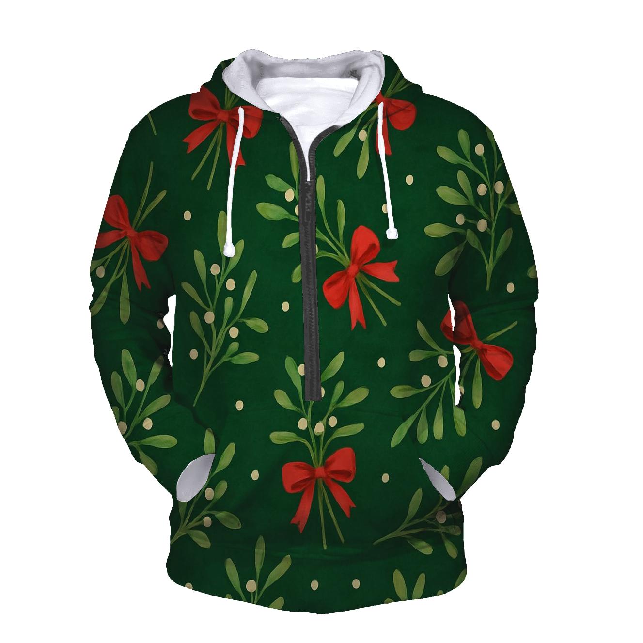 Mistletoe Ribbon Scatter On Forest Green Background printed hoodies