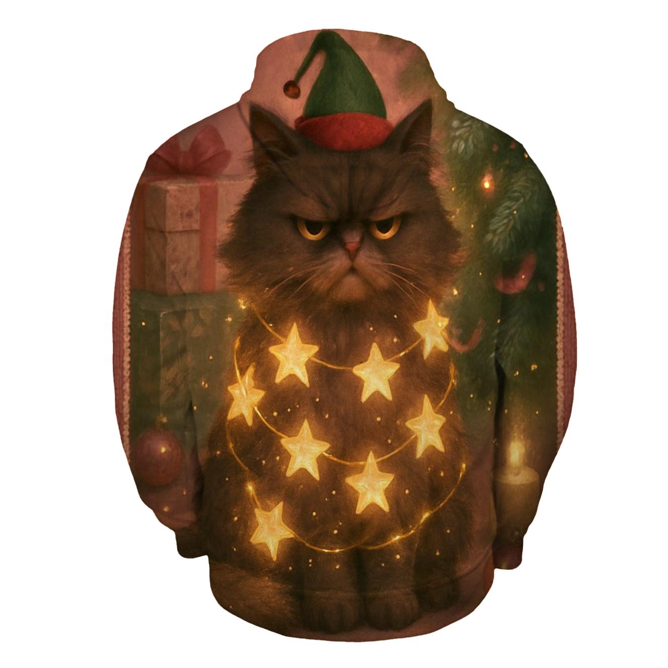 Grumpy Christmas Cat Tangled In Starry Light Garlands hoodies fashion