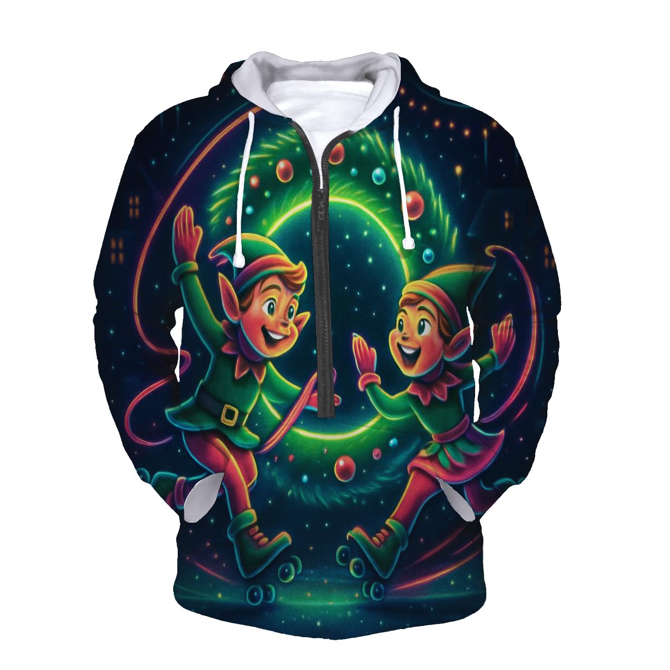 Elf Roller Disco Around A Giant Wreath Portal embroidered hoodies