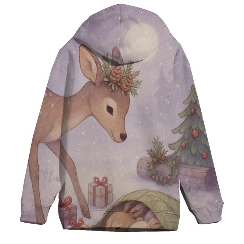 Woodland Deer Delivering Tiny Wrapped Gifts To Sleeping Rabbits zip-up hoodies