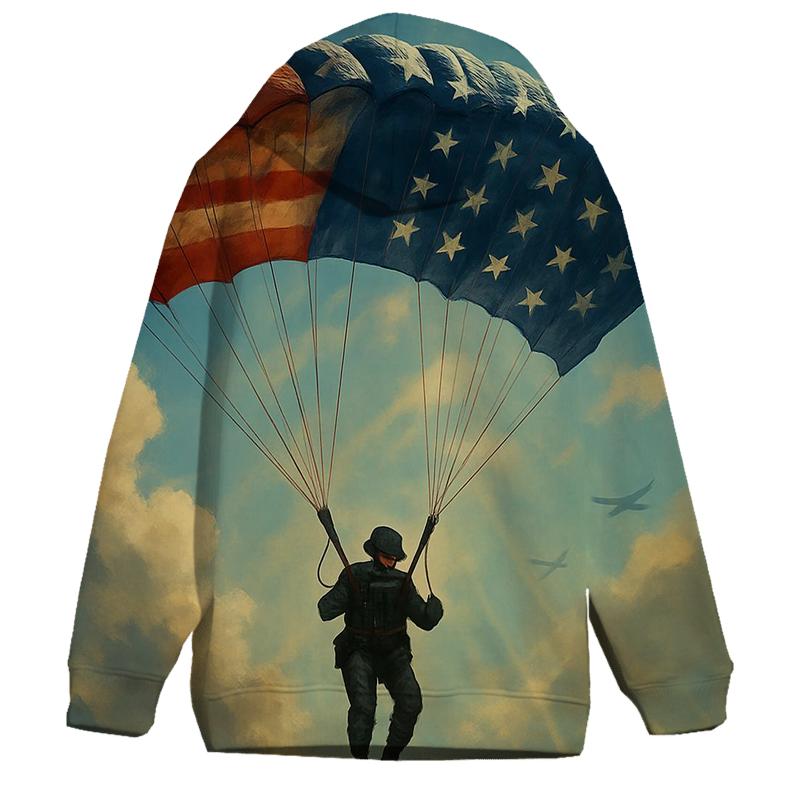 Paratrooper Descent Through Flag Clouds premium hoodies