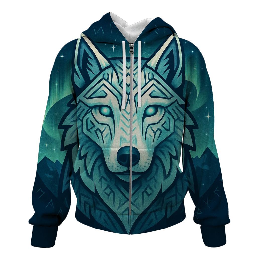Aurora Runestone Sentinel Wolf embroidered hoodies