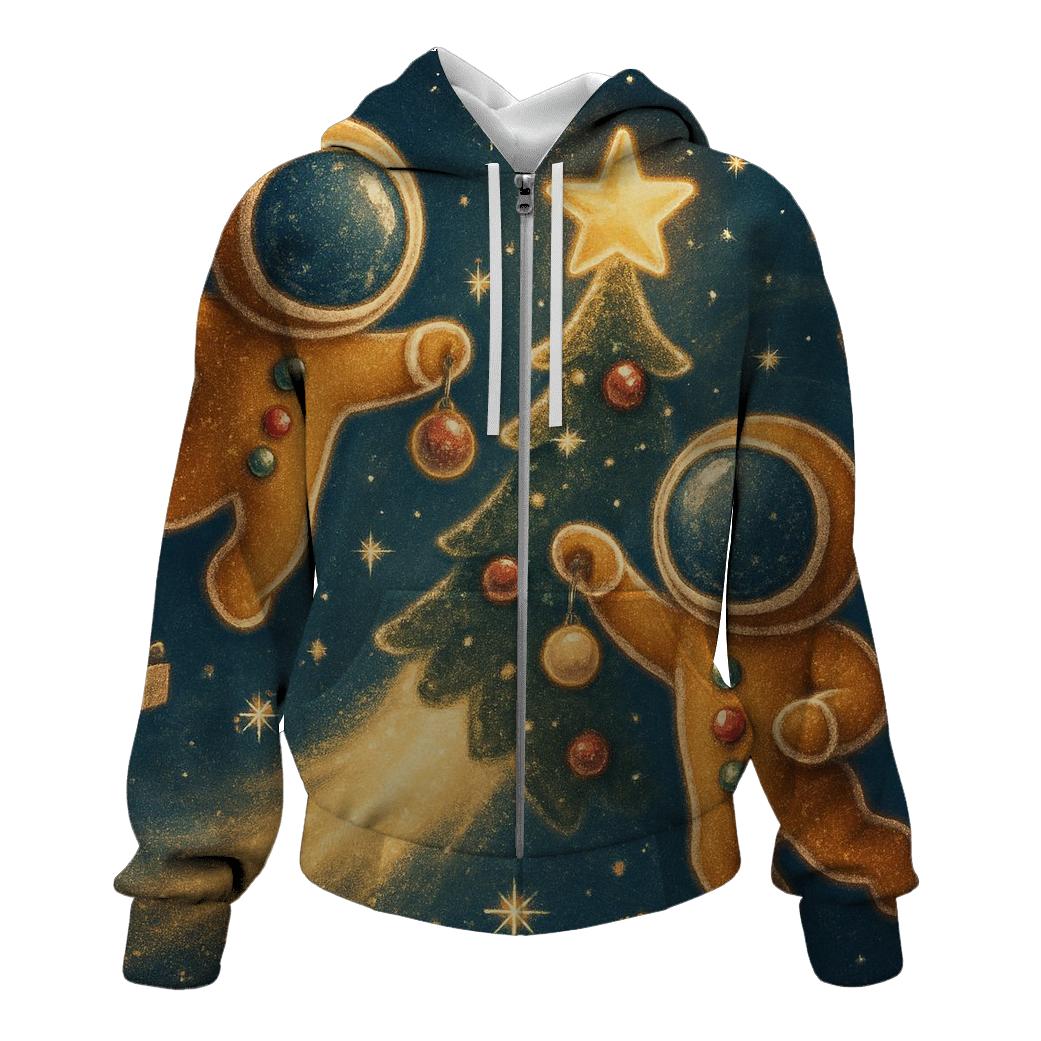 Gingerbread Astronauts Decorating A Comet Tree premium hoodies