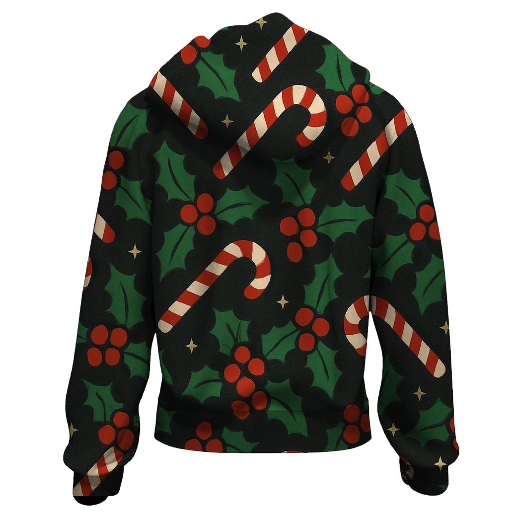 Emerald Holly And Candy Cane Diagonal Weave On Charcoal Background hoodies fashion