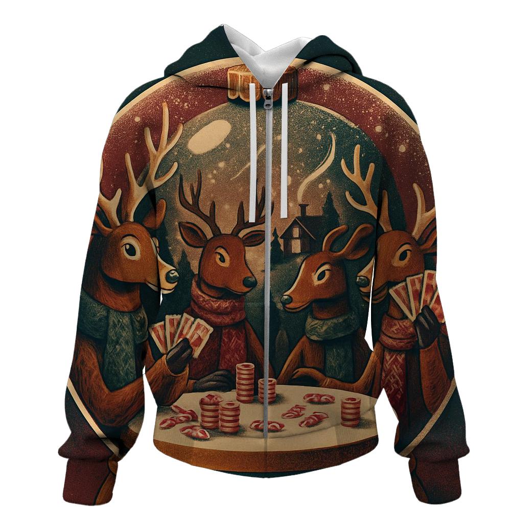 Reindeer Poker Night Under A Snow Globe Dome premium hoodies
