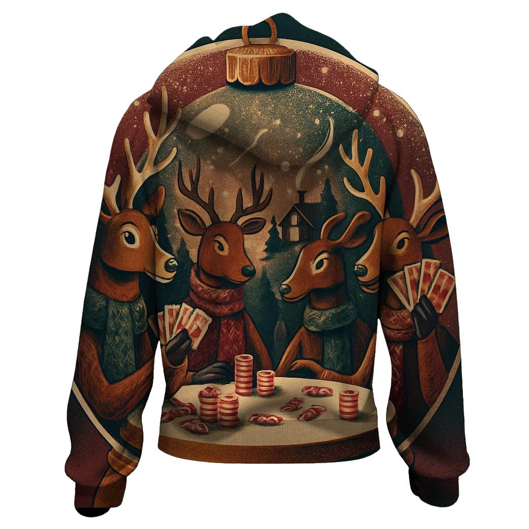 Reindeer Poker Night Under A Snow Globe Dome premium hoodies