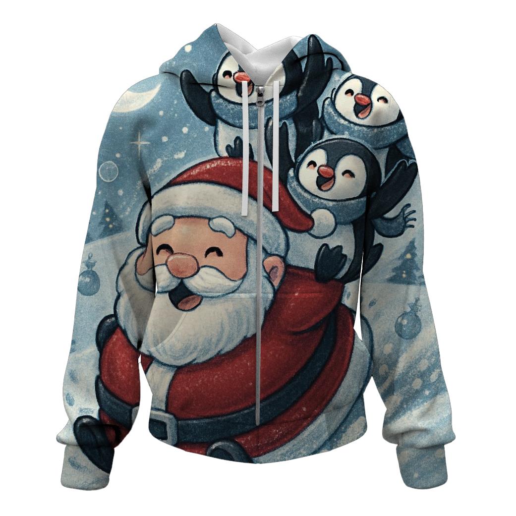 Santa Belly Sleigh Ride With Penguins In Scarves lightweight hoodies