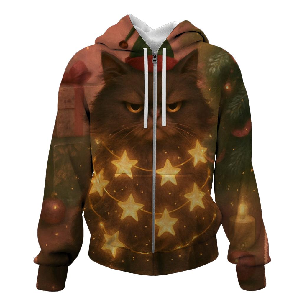 Grumpy Christmas Cat Tangled In Starry Light Garlands designer hoodies