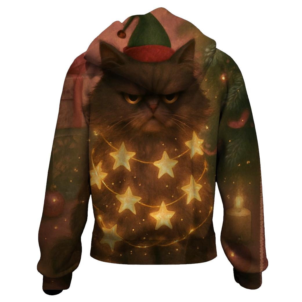 Grumpy Christmas Cat Tangled In Starry Light Garlands designer hoodies