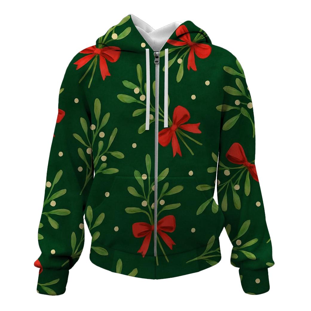Mistletoe Ribbon Scatter On Forest Green Background hoodie styles