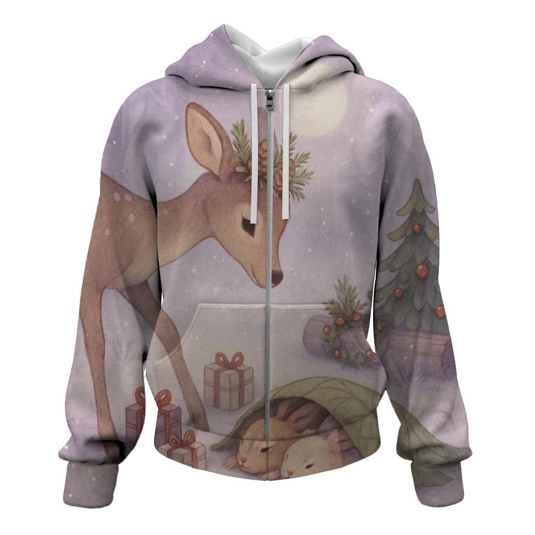 Woodland Deer Delivering Tiny Wrapped Gifts To Sleeping Rabbits zip-up hoodies